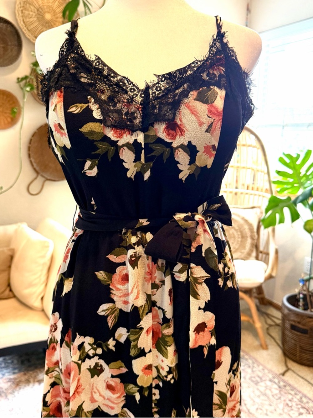 Black Pink Floral Wedding Guest Chiffon Lace Party Summer Spring Maxi Dress 12 L - Picture 3 of 6